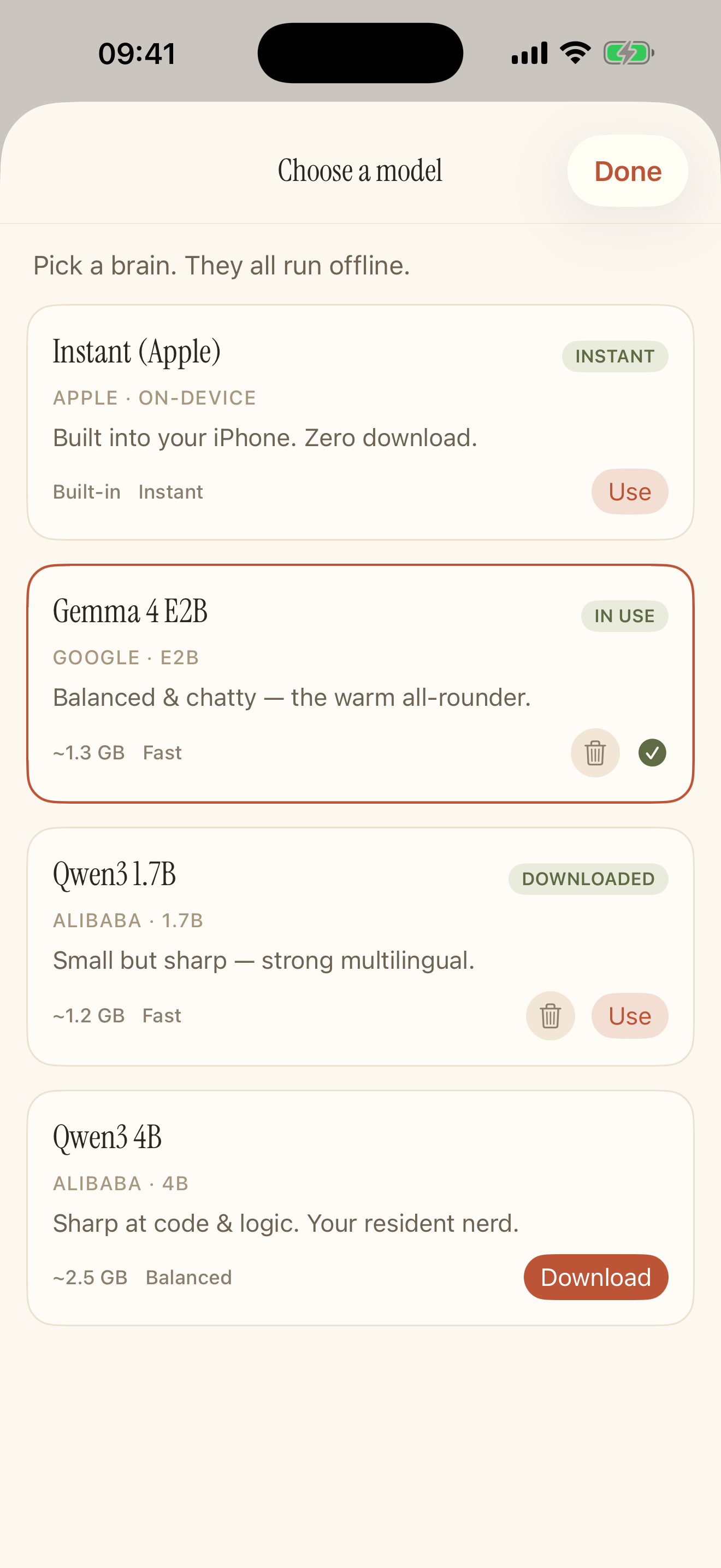 The model picker: Apple's built-in model plus downloadable Gemma and Qwen models